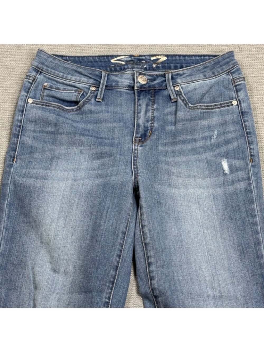 Seven 7 Tower Straight Crop Jeans Womens Size 4 Blue Denim Distressed Raw Hem - Picture 3 of 13
